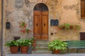 Traditional faÃÂ§ade of Italian house in the small magical and old village of Pienza, Val D`Orcia Tuscany Ã¢â¬â Italy Royalty Free Stock Photo